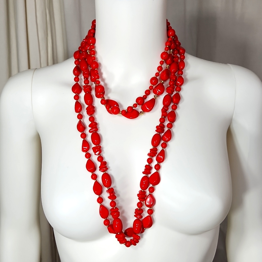 Vintage Red & Gold Colored Chunky Lot of 4 Necklaces